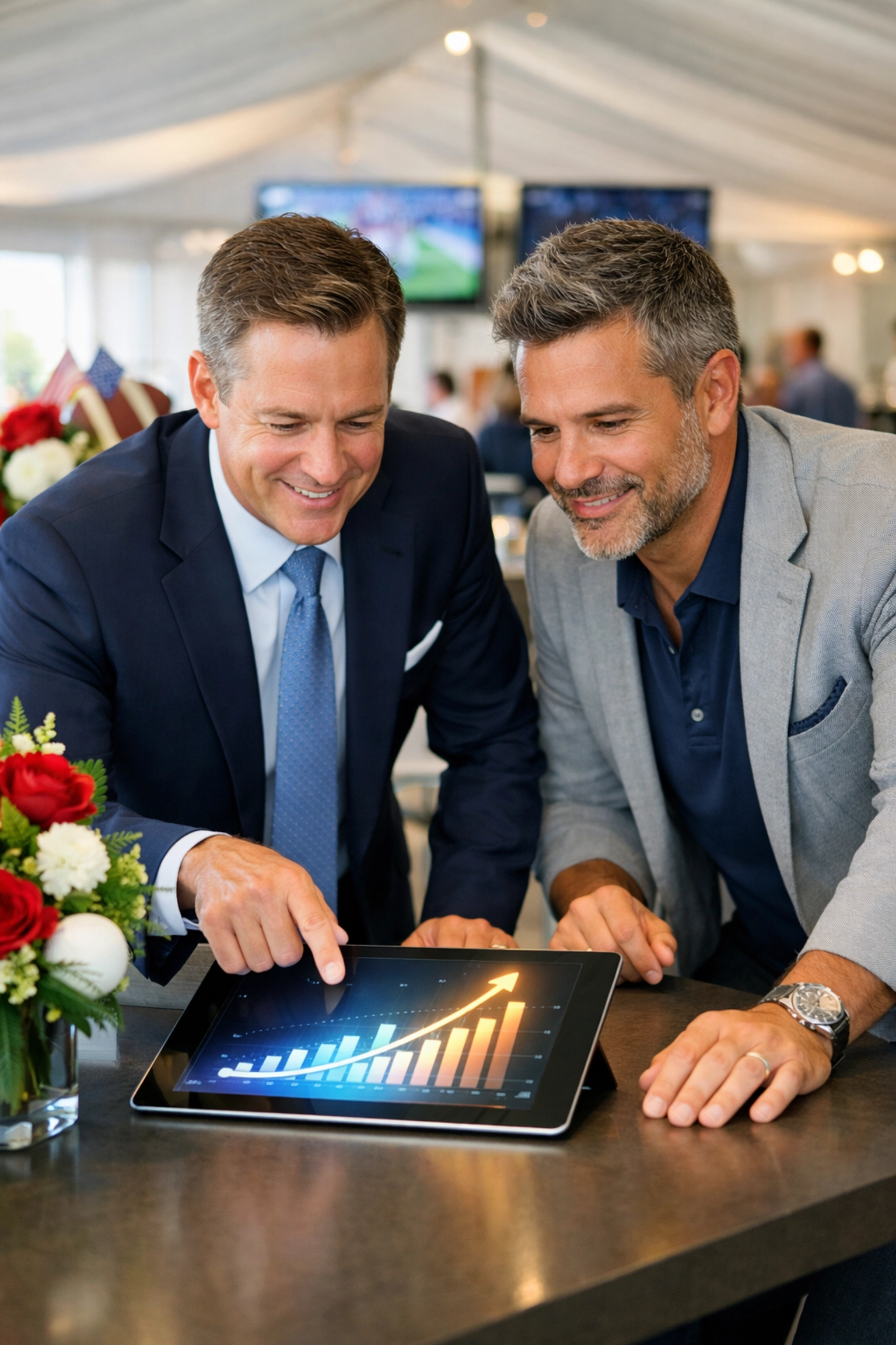 Executives discussing ROI and business strategy inside a high-end Super Bowl corporate hospitality tent.
