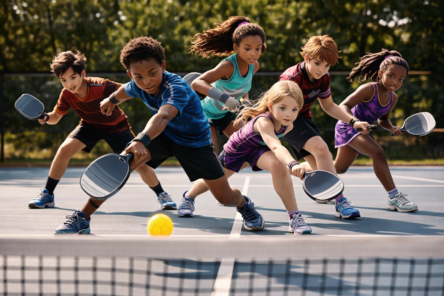 Diverse kids on a pickleball court, highlighting inclusion, skill-building, and movement in youth pickleball