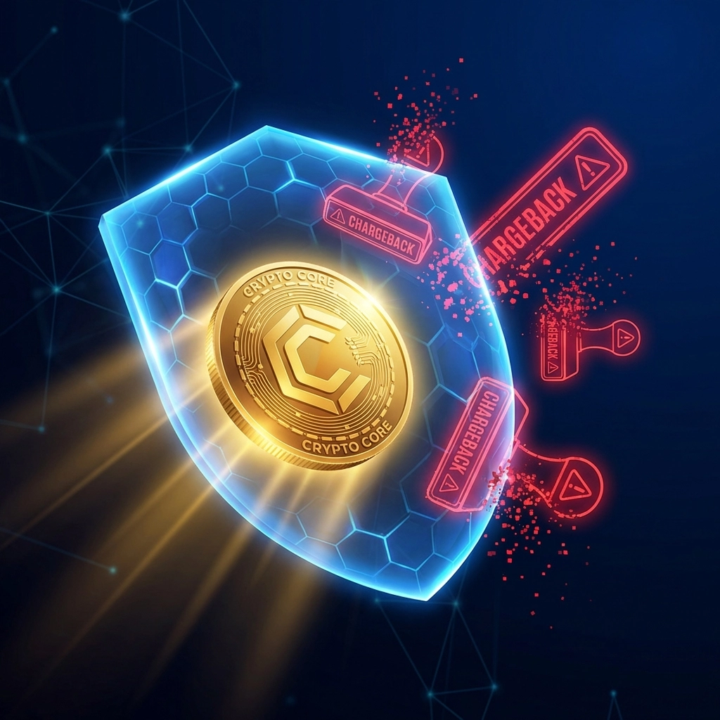 Digital shield blocking chargebacks, highlighting crypto payment security and reduced merchant fees