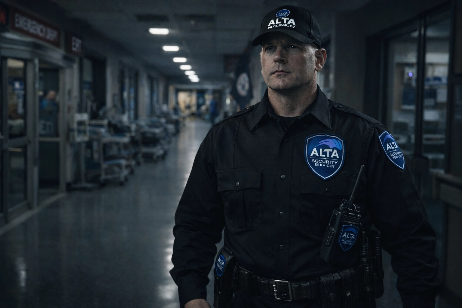 Hospital security guard patrolling emergency department corridor in Northern Virginia