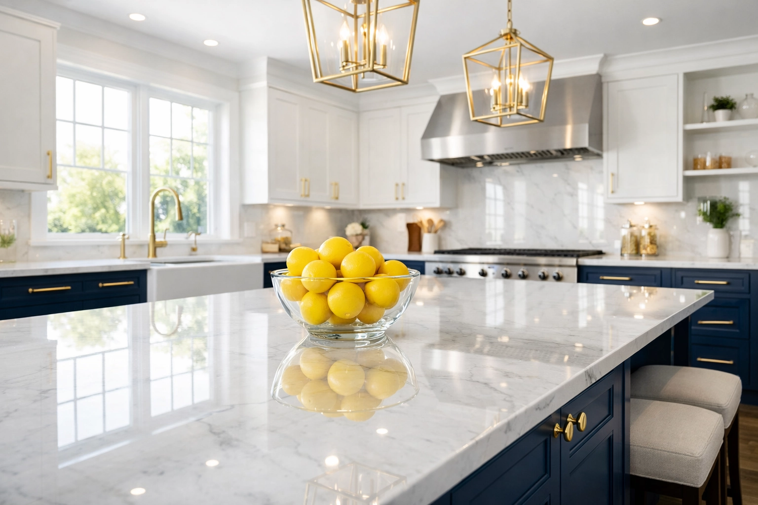 Pristine white marble countertops in a Needham estate following a professional Ninja-Level Residential Cleaning service.