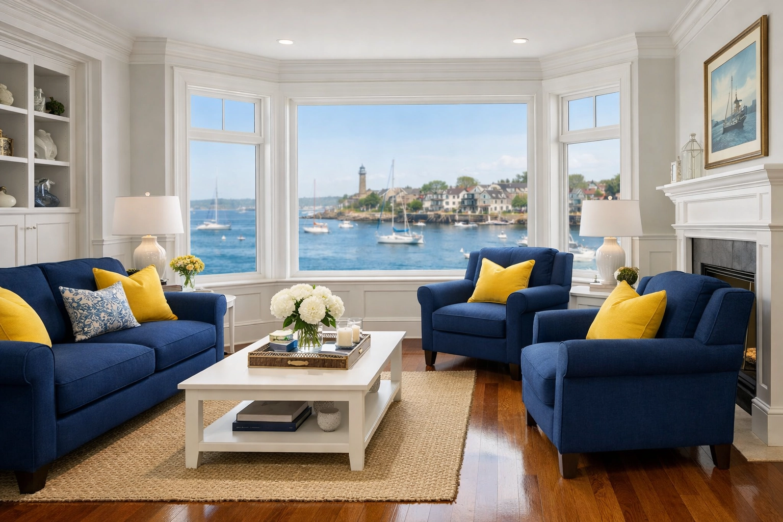 Spotless Marblehead living room showcasing affordable house cleaning services for coastal homes.