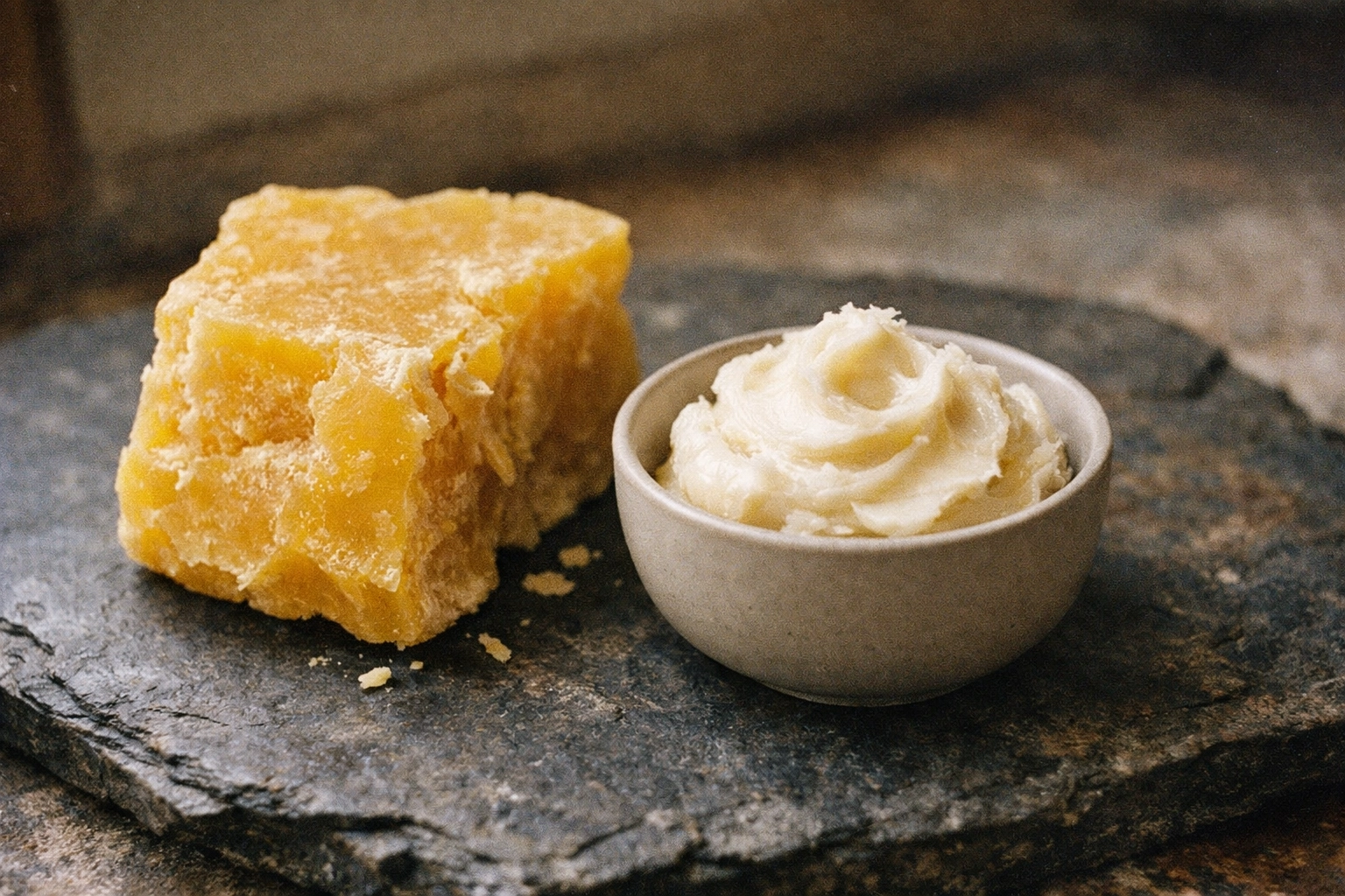 Raw organic tallow and golden beeswax used in non-toxic, non-clogging natural skincare.