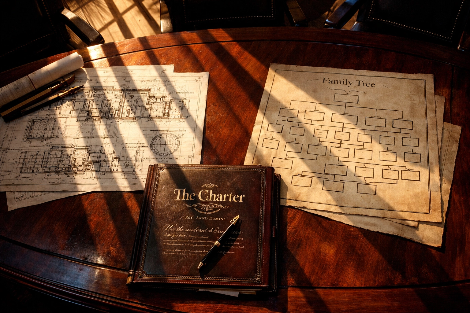 Family office governance charter and blueprints on boardroom table