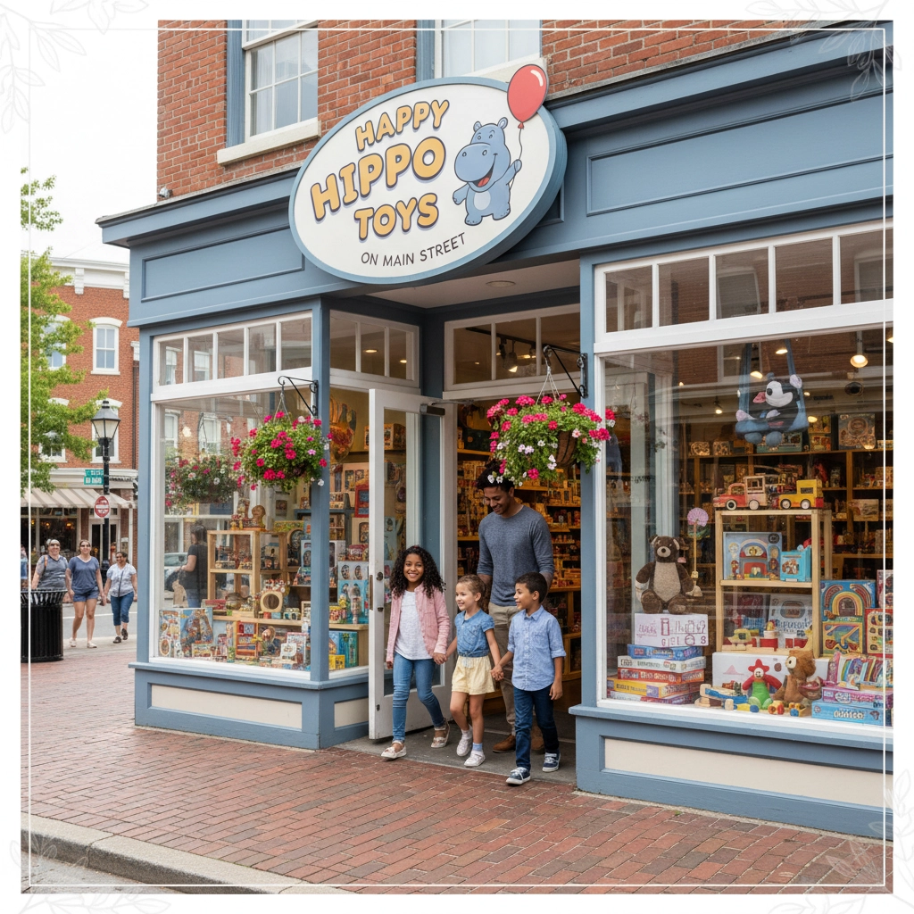 Exterior view of Happy Hippo Toys on Main Street in Moorestown, a charming local toy store.