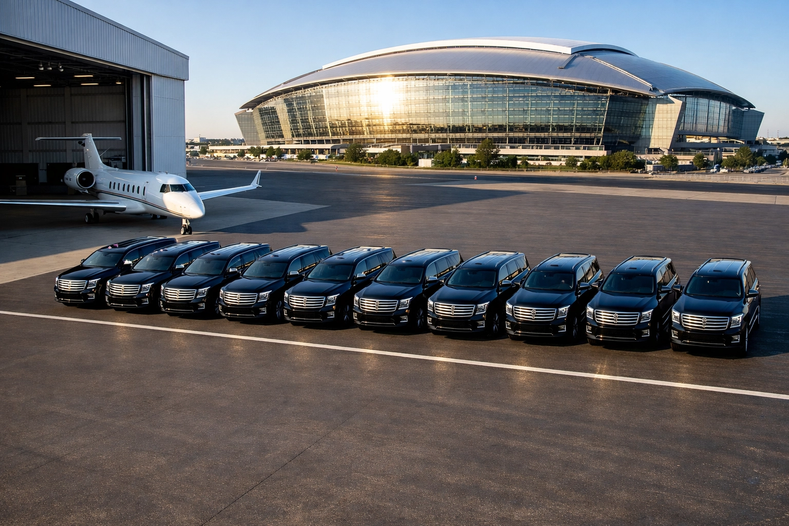 Luxury executive SUV fleet prepared for high-end Super Bowl corporate transportation and logistics.