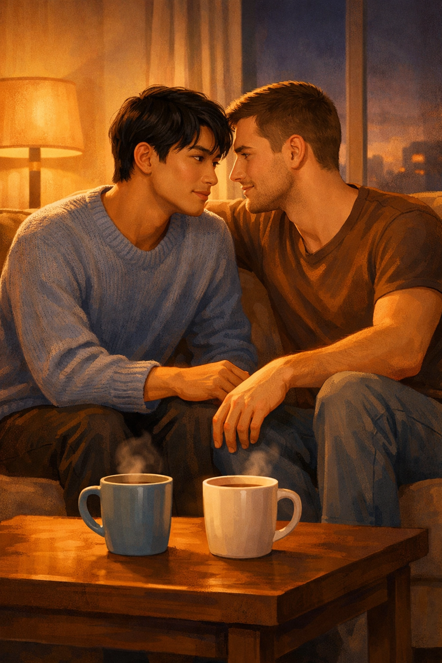 Two men in intimate conversation sharing coffee in gay romance slow burn moment