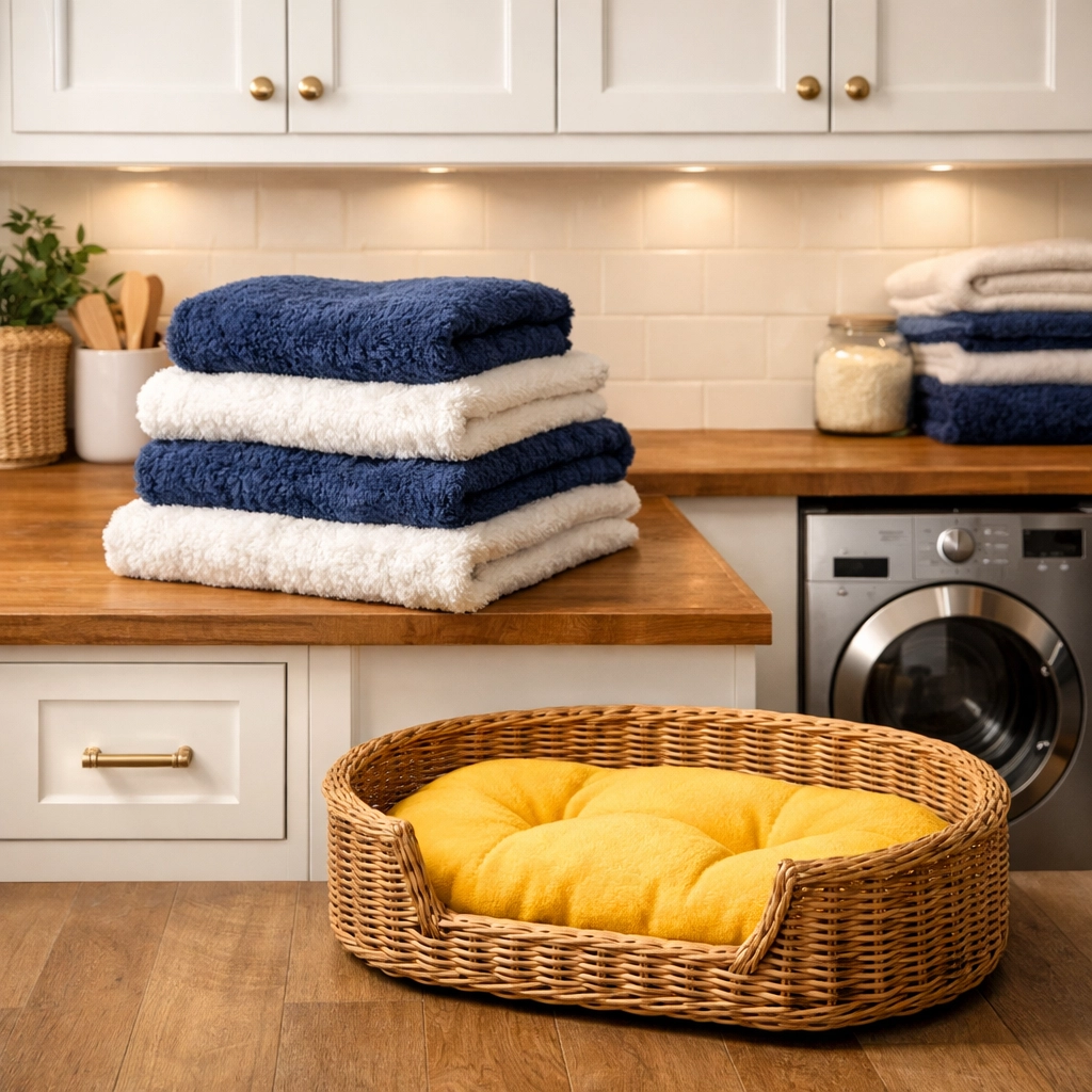 Freshly laundered pet blankets in a clean laundry room, showcasing pet-friendly laundry services.