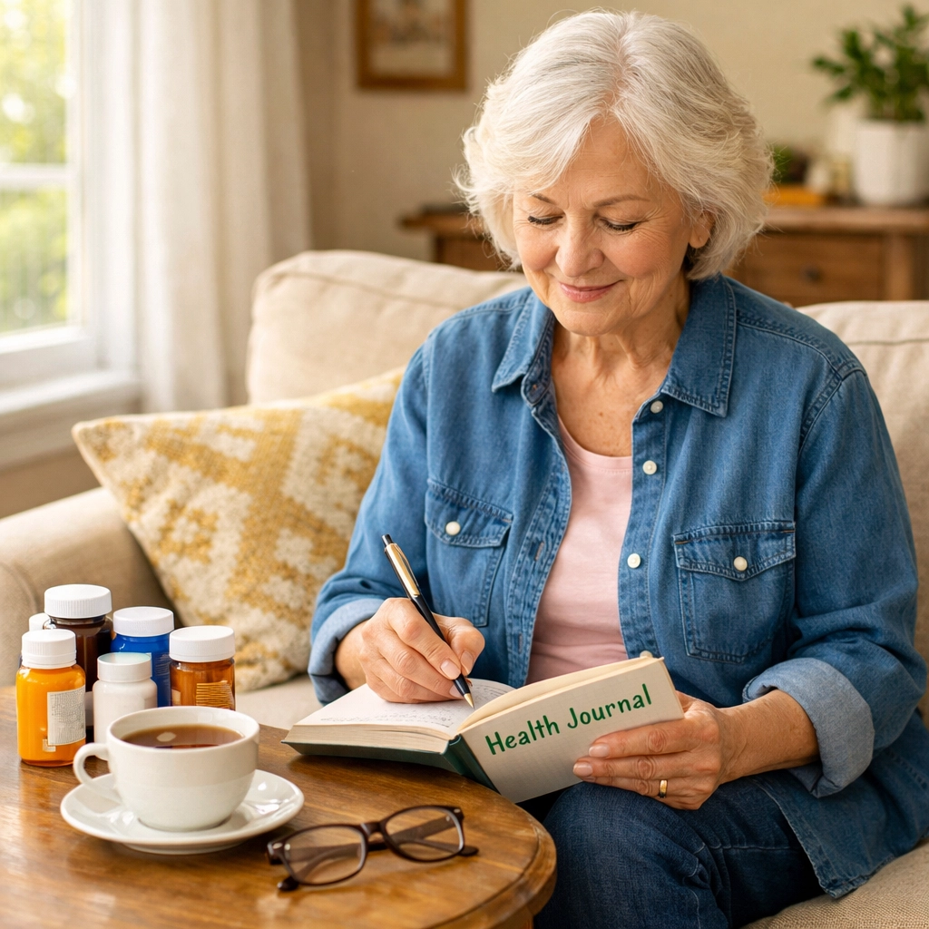 Senior woman tracking medication effects in health journal with organized pill bottles nearby