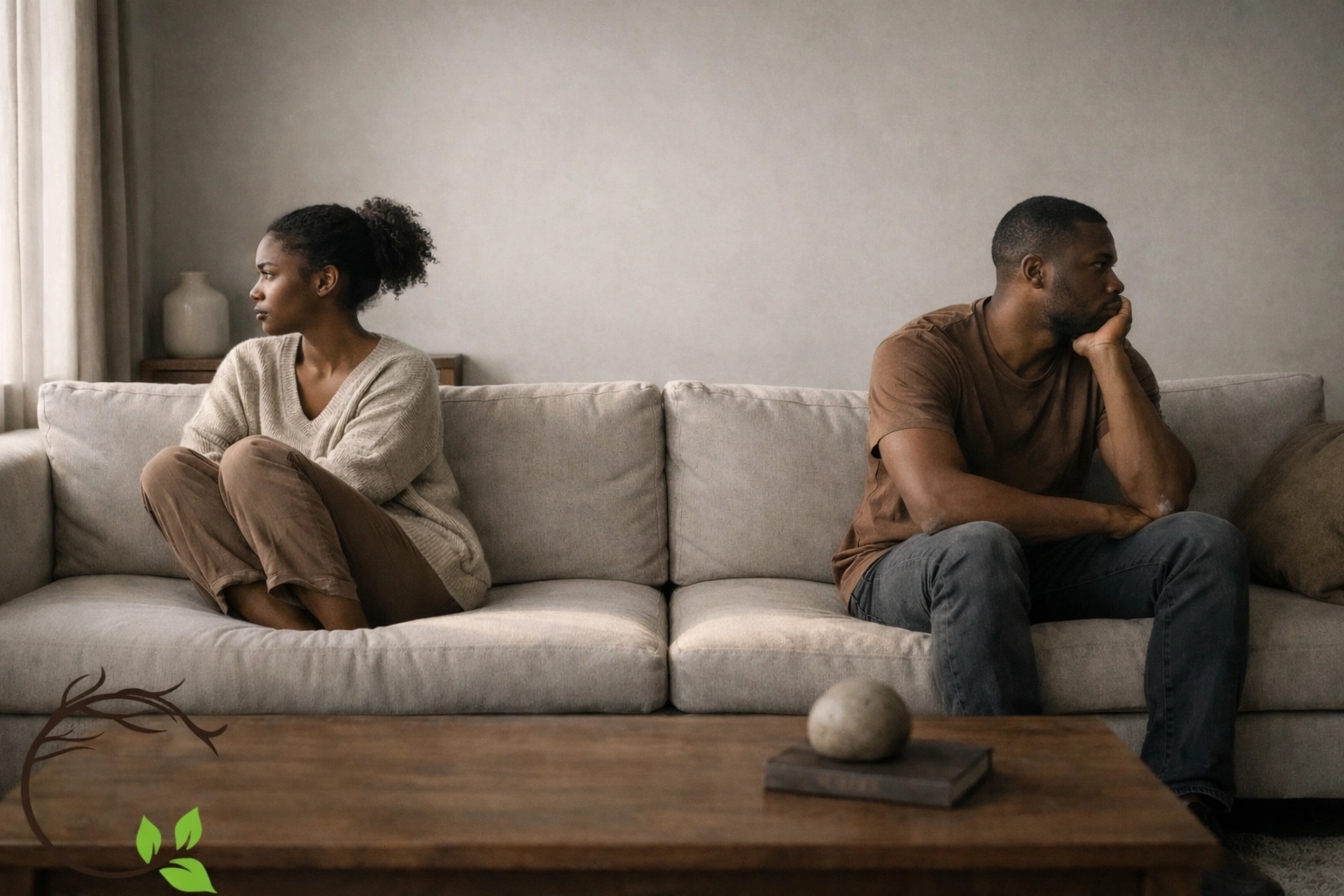 Black couple sitting apart showing emotional distance and marriage isolation without support