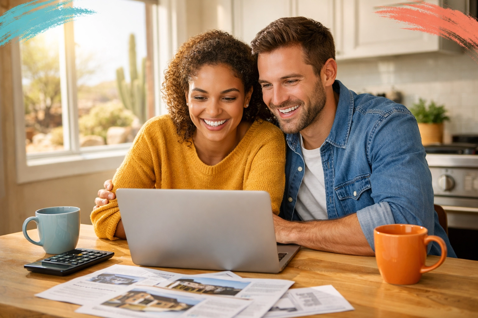 Couple reviewing Phoenix home listings and market data at kitchen table planning their home purchase in Arizona