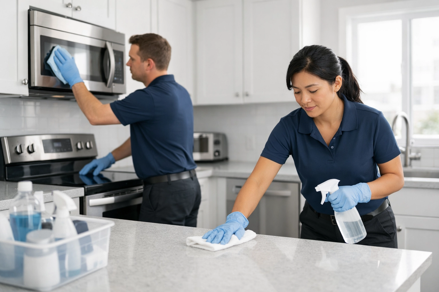 Professional cleaning crew performing make-ready cleaning in apartment kitchen