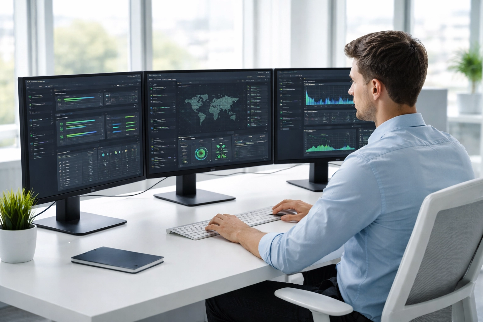 IT professional at a modern desk proactively monitoring business systems for efficient IT support