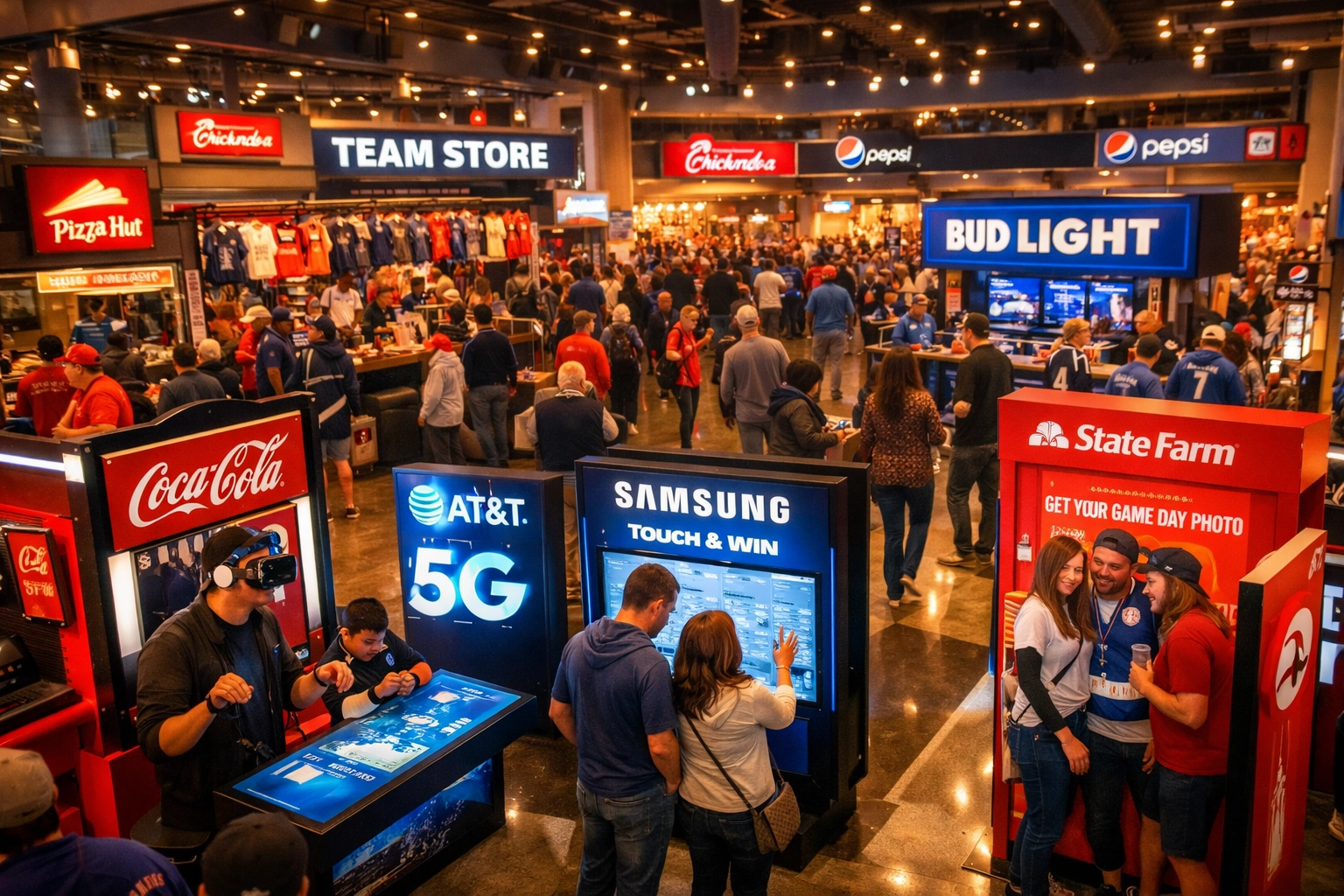 Sports arena sponsorship activation zones with interactive fan engagement and branded experiences