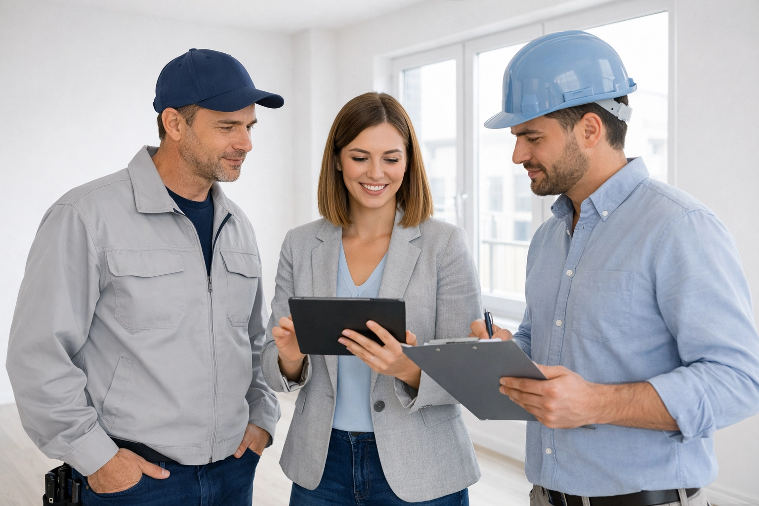 Property manager coordinating with maintenance supervisor and contractor in vacant apartment