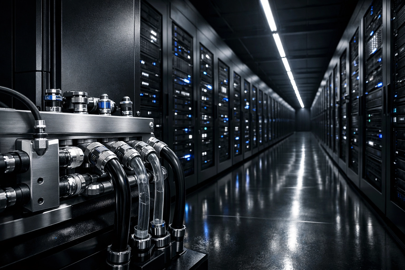 High-density AI data center aisle with liquid-cooled IT racks and advanced power protection infrastructure.