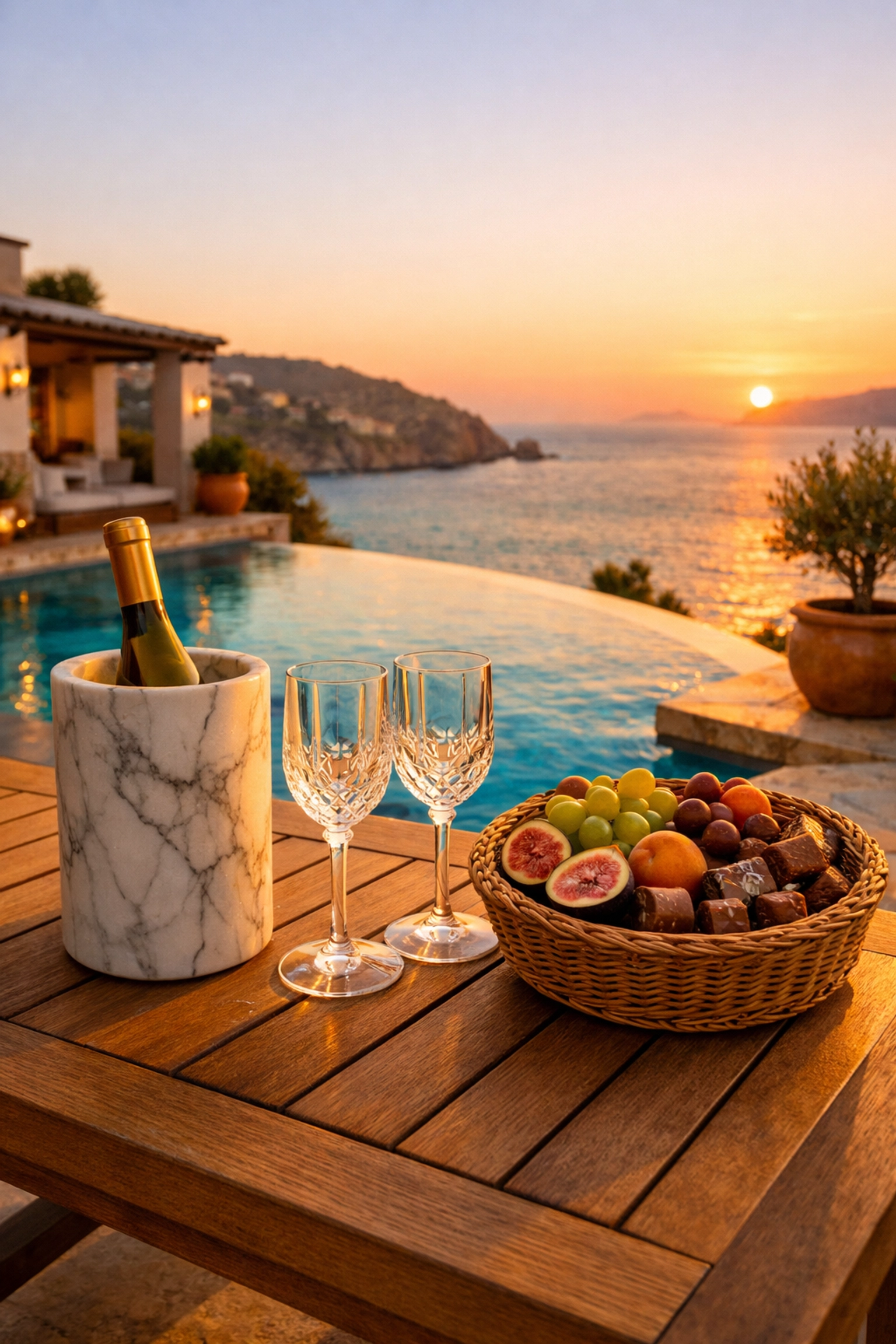 Luxury vacation rental terrace at sunset with wine and welcome amenities for premium guest stays.