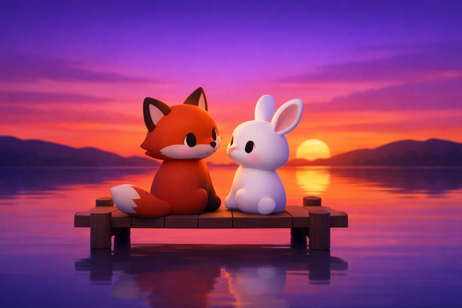 A fox and a rabbit sitting together on a pier at sunset, reflecting the beauty of friendship and shalom.