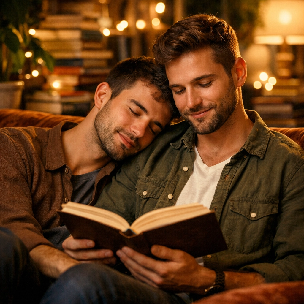 A gay couple reading queer literature together on a cozy sofa, celebrating the power of MM romance books.