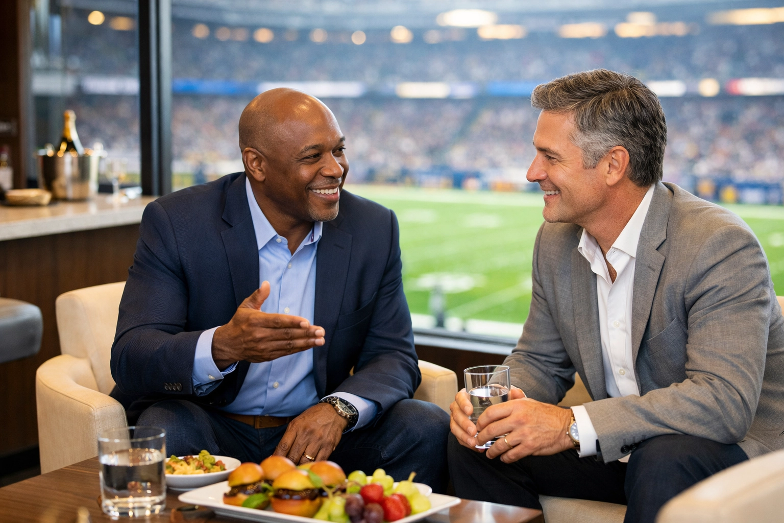 Executives networking in a luxury Super Bowl stadium skybox during a corporate hospitality event.