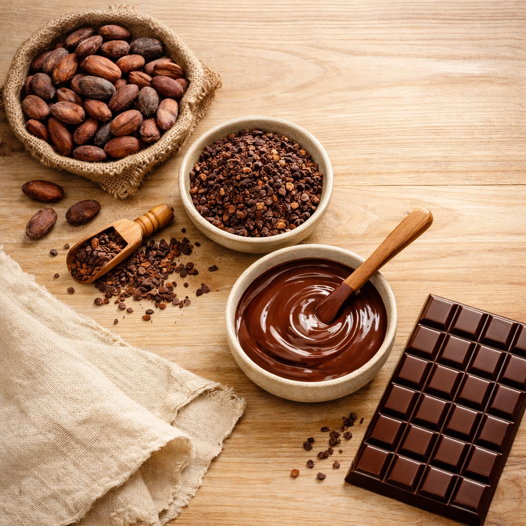 Bean to bar chocolate making process showing cocoa beans, nibs, refined mass, and finished bar