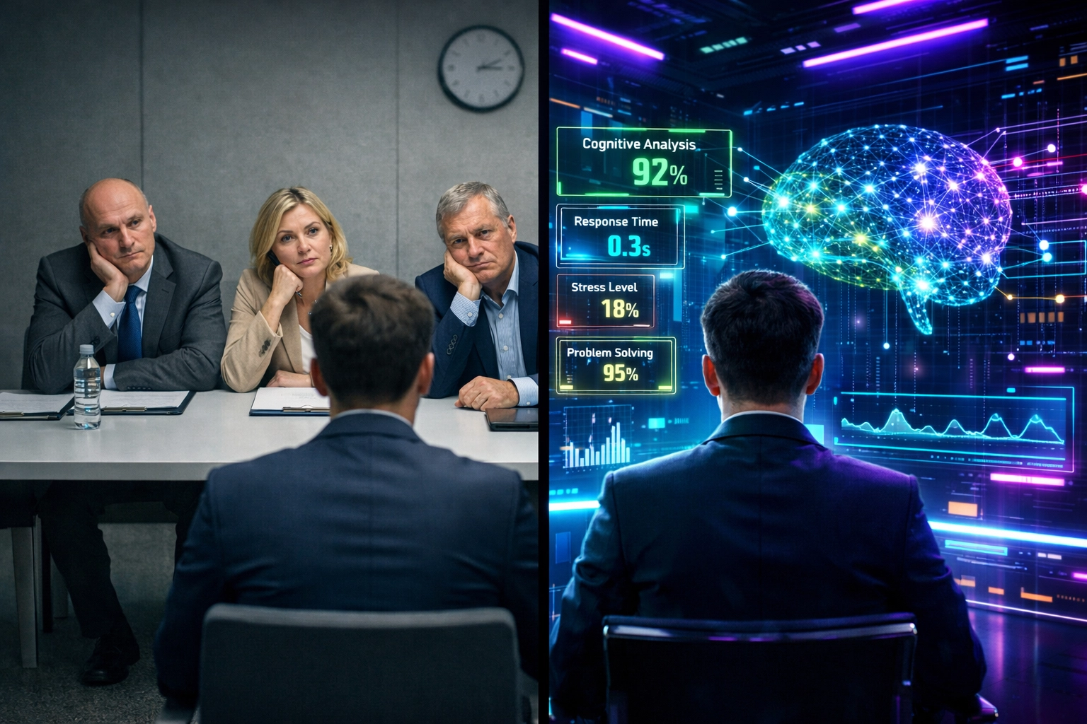 Traditional interview vs AI-powered assessment with real-time performance metrics