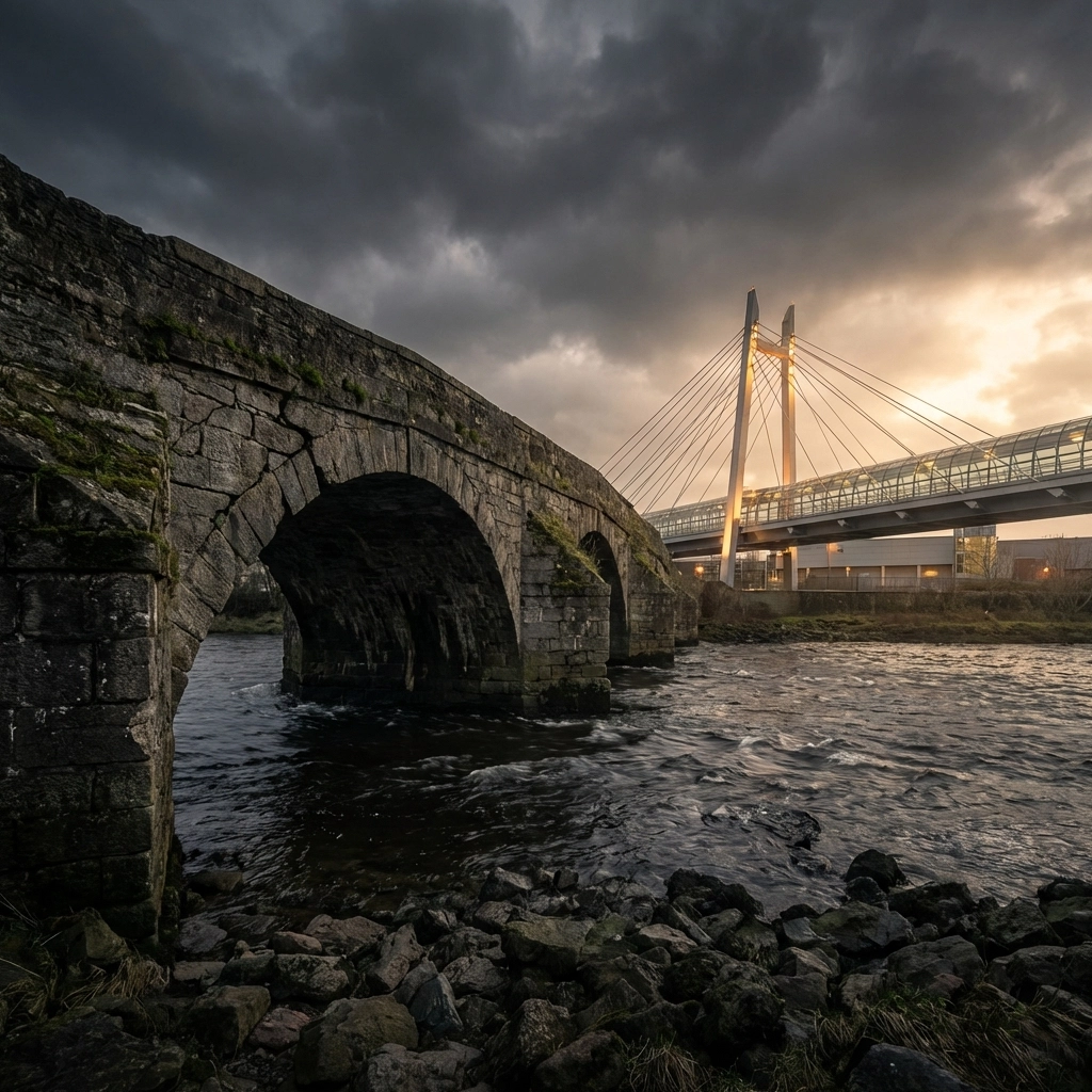 Contrasting old and new bridges to symbolize the evolution from traditional 60/40 to the 40/30/30 investment portfolio