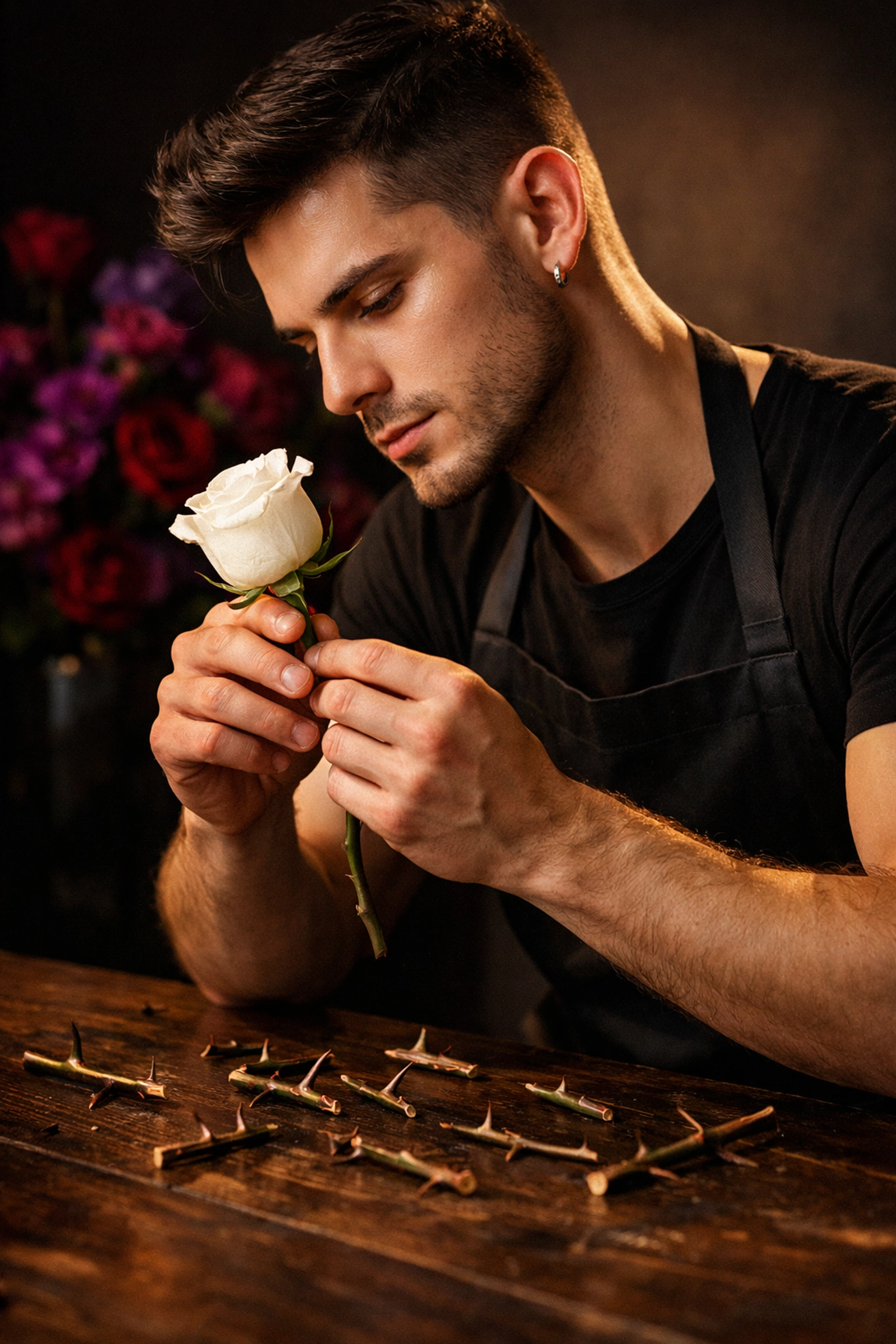 Gay florist examining white rose with thorns, symbolizing beauty and betrayal in queer fiction