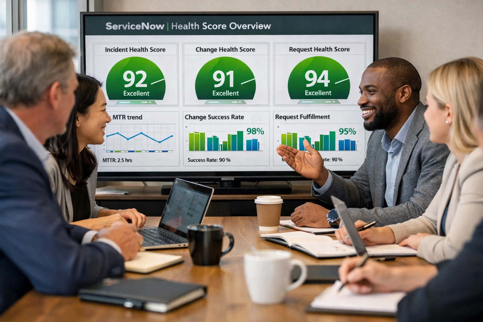 ServiceNow consulting team reviewing platform health scores during ROI audit session