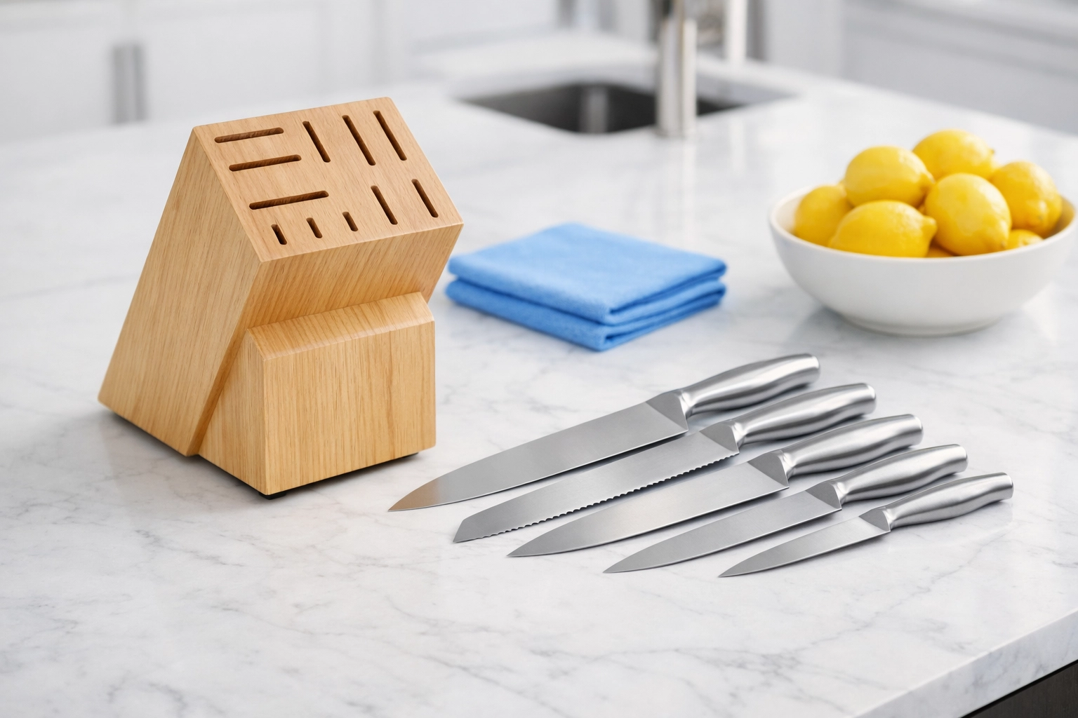 Empty wooden knife block and chef knives ready for a thorough weekly house cleaning routine.