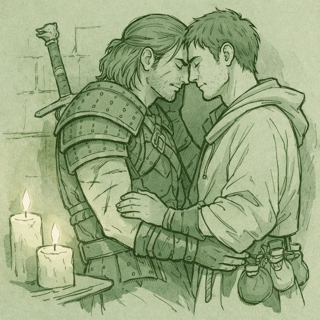 Witcher and herbalist lover embrace tenderly after battle in MM fantasy romance