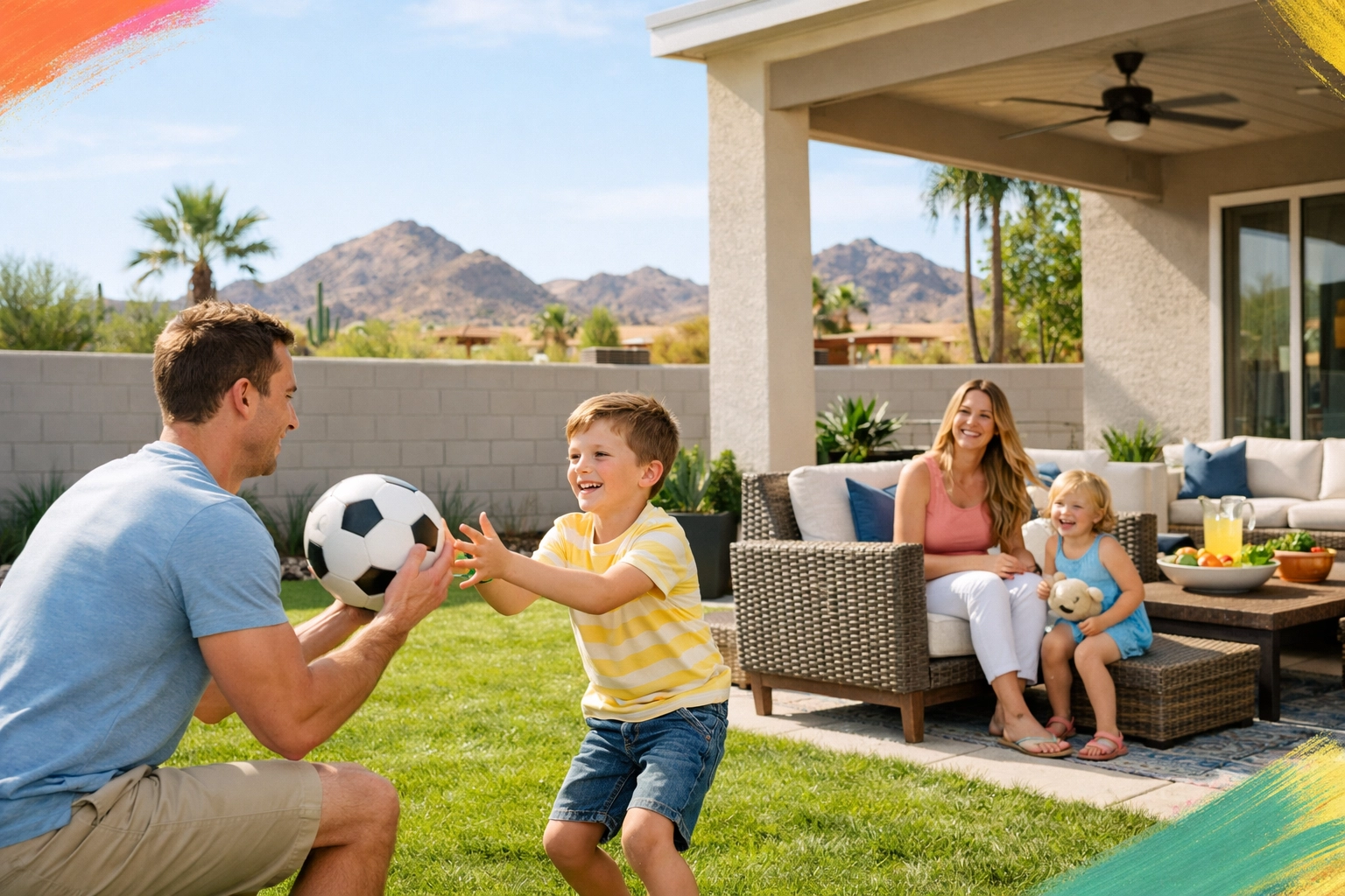 Family enjoying a spacious Peoria backyard with a modern patio, highlighting suburban lifestyle.