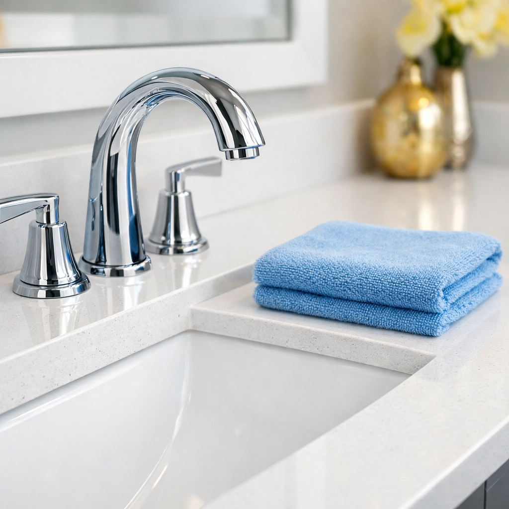 Detail-oriented cleaning of a brand-new bathroom vanity after construction to ensure it is move-in ready.