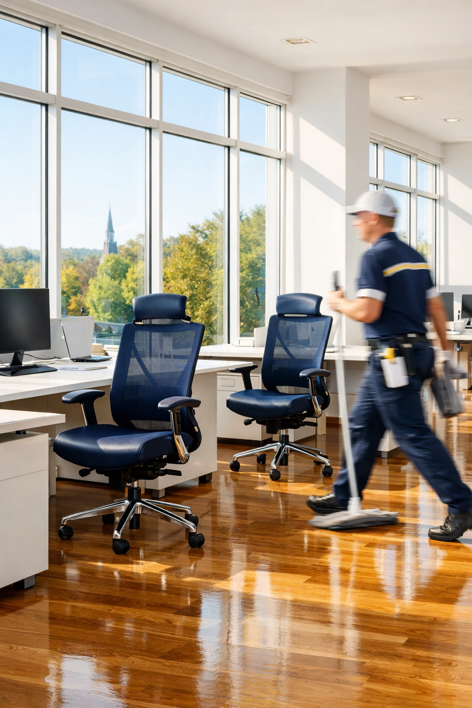 Professional commercial cleaning specialist sanitizing a sun-drenched modern office in Holden, MA.