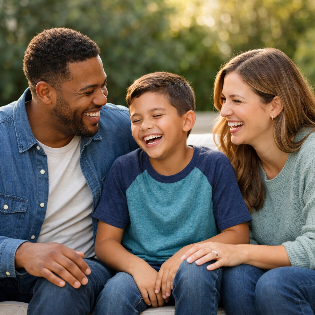 A smiling California family on a sunny patio, representing the Millers comparing PPO vs EPO health insurance plans.