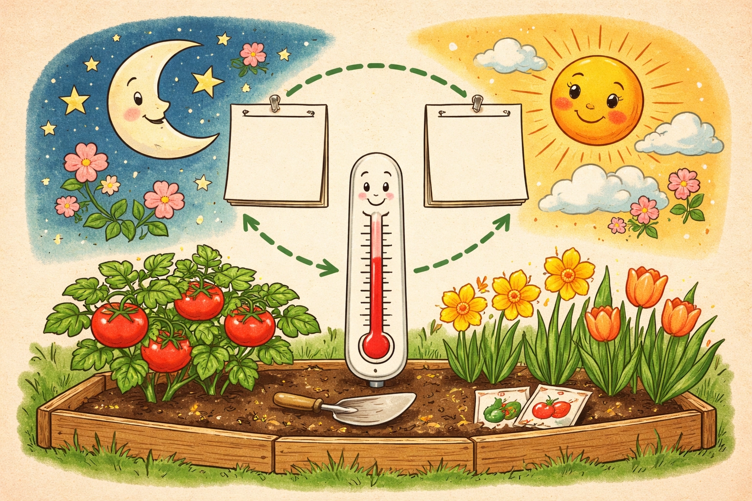 Whimsical 1950s-style storybook illustration showing the Zone 6 frost-date idea with moon/sun, a garden bed, blank calendar squares, and a friendly flat thermometer, no text.