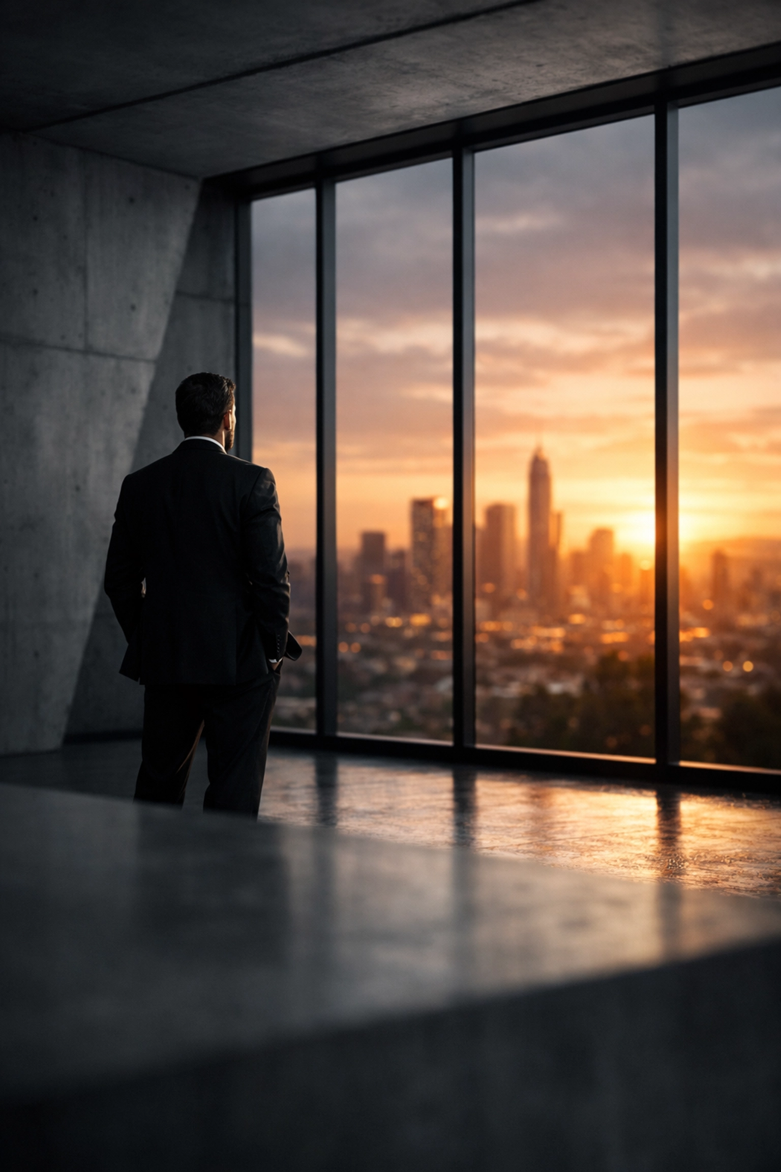 Professional looking toward aspirational cityscape representing the gap between current performance and goals