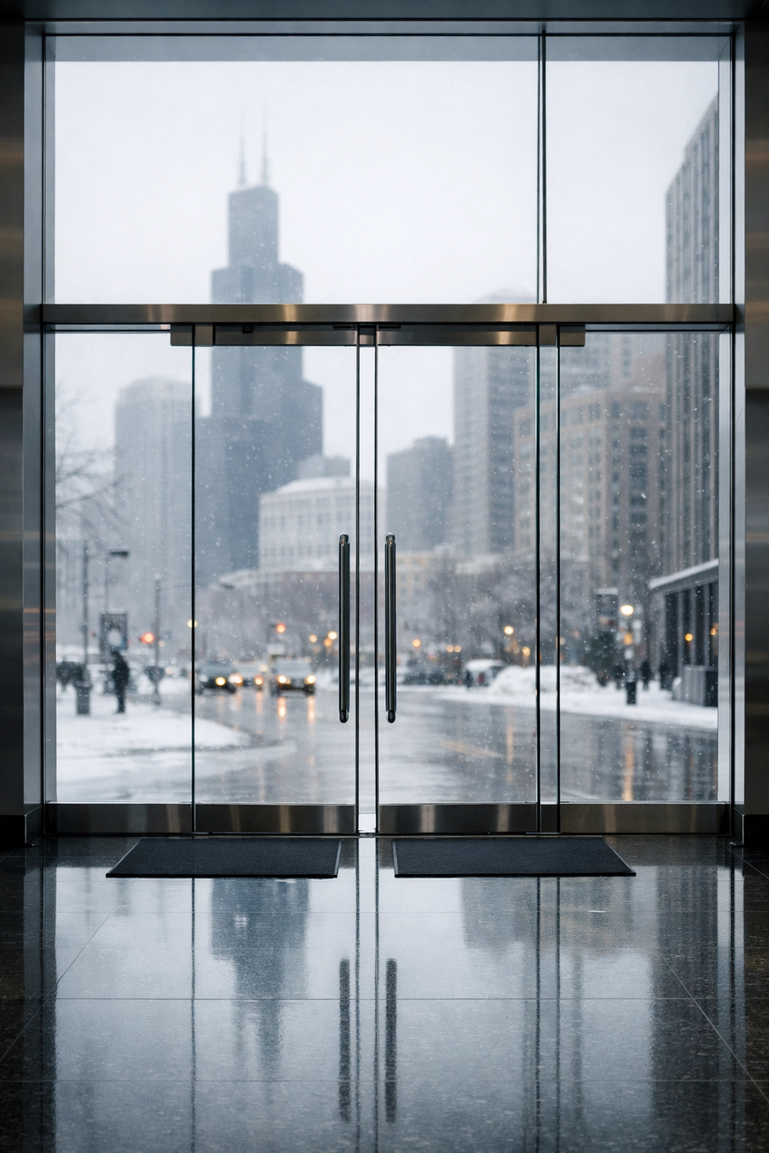 Pristine Chicago office lobby with clean stone floors and a view of Willis Tower during winter.