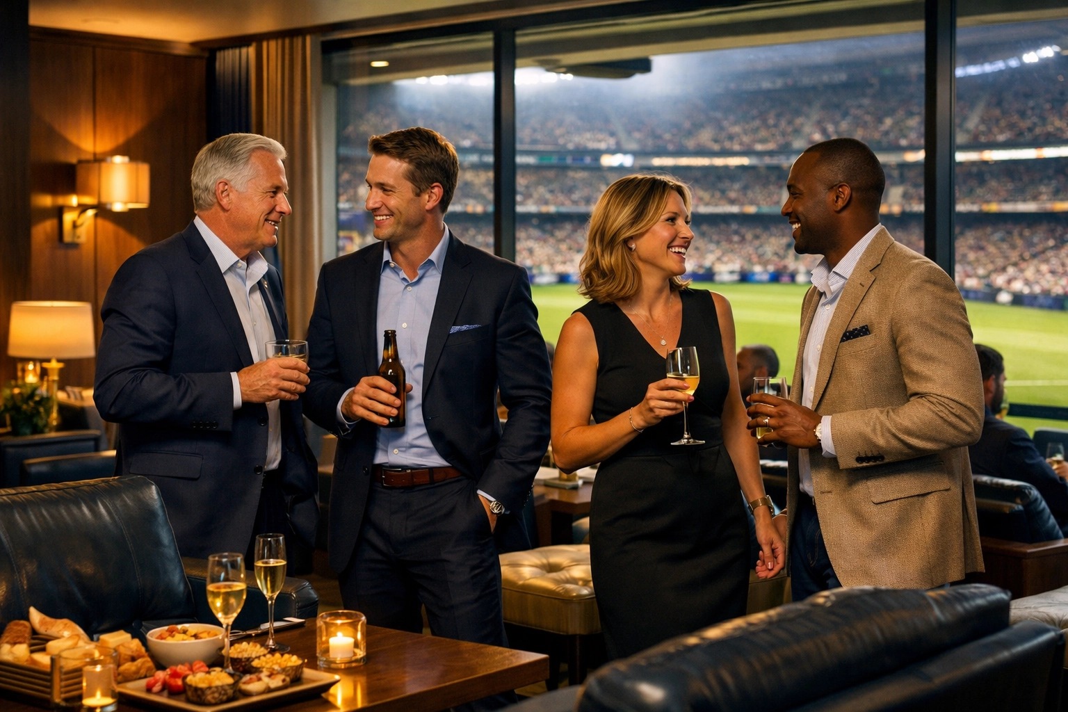 Executives networking in luxury VIP hospitality suite during Super Bowl corporate event