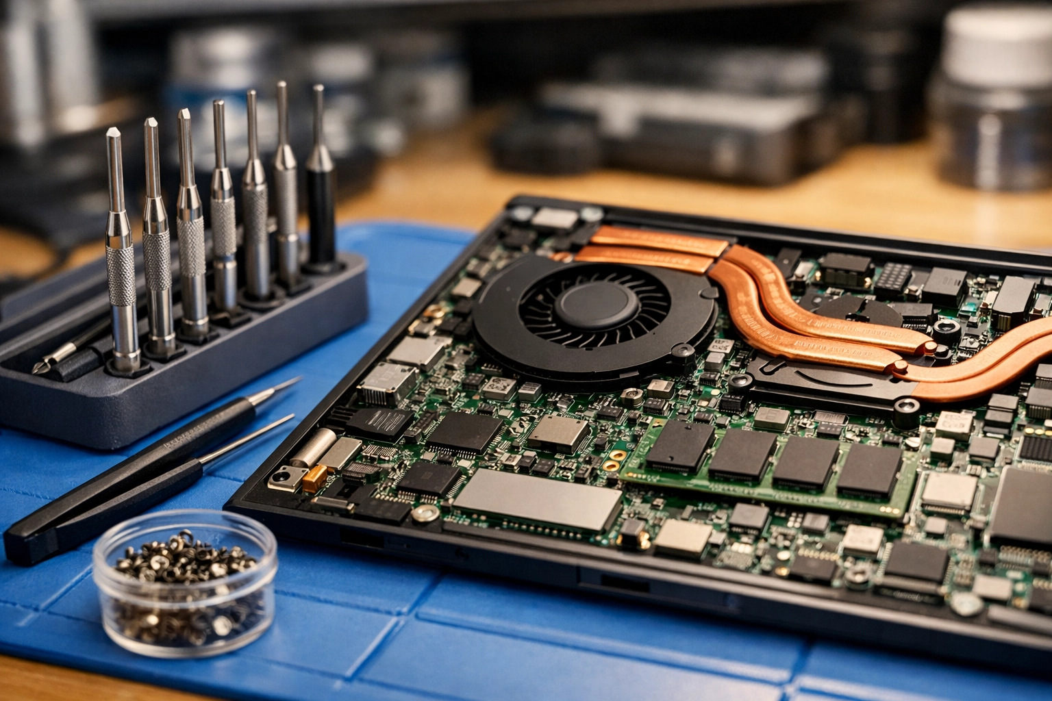 Professional computer repair in Vacaville showing a technician's workbench with an open laptop and tools.