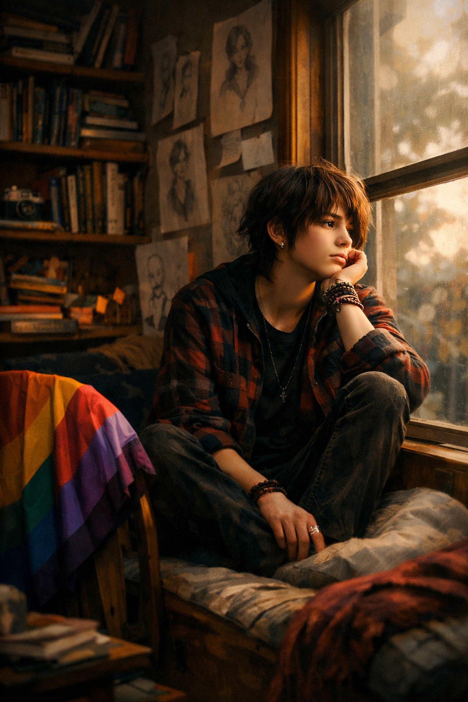 Thoughtful teenager in a bedroom with an LGBTQ+ pride flag and bookshelves reflecting on their unique personal story.