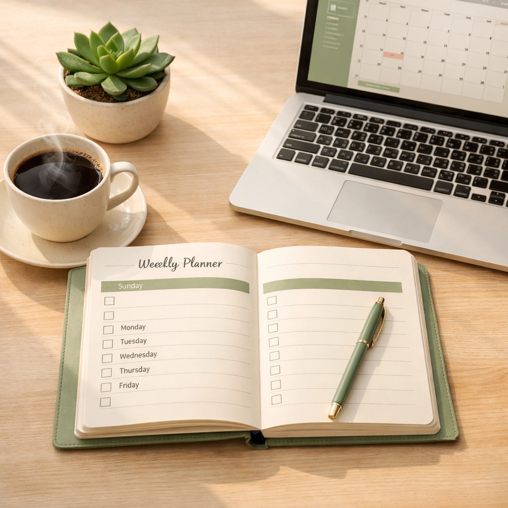 Weekly compliance planner with coffee and laptop for behavioral health directors