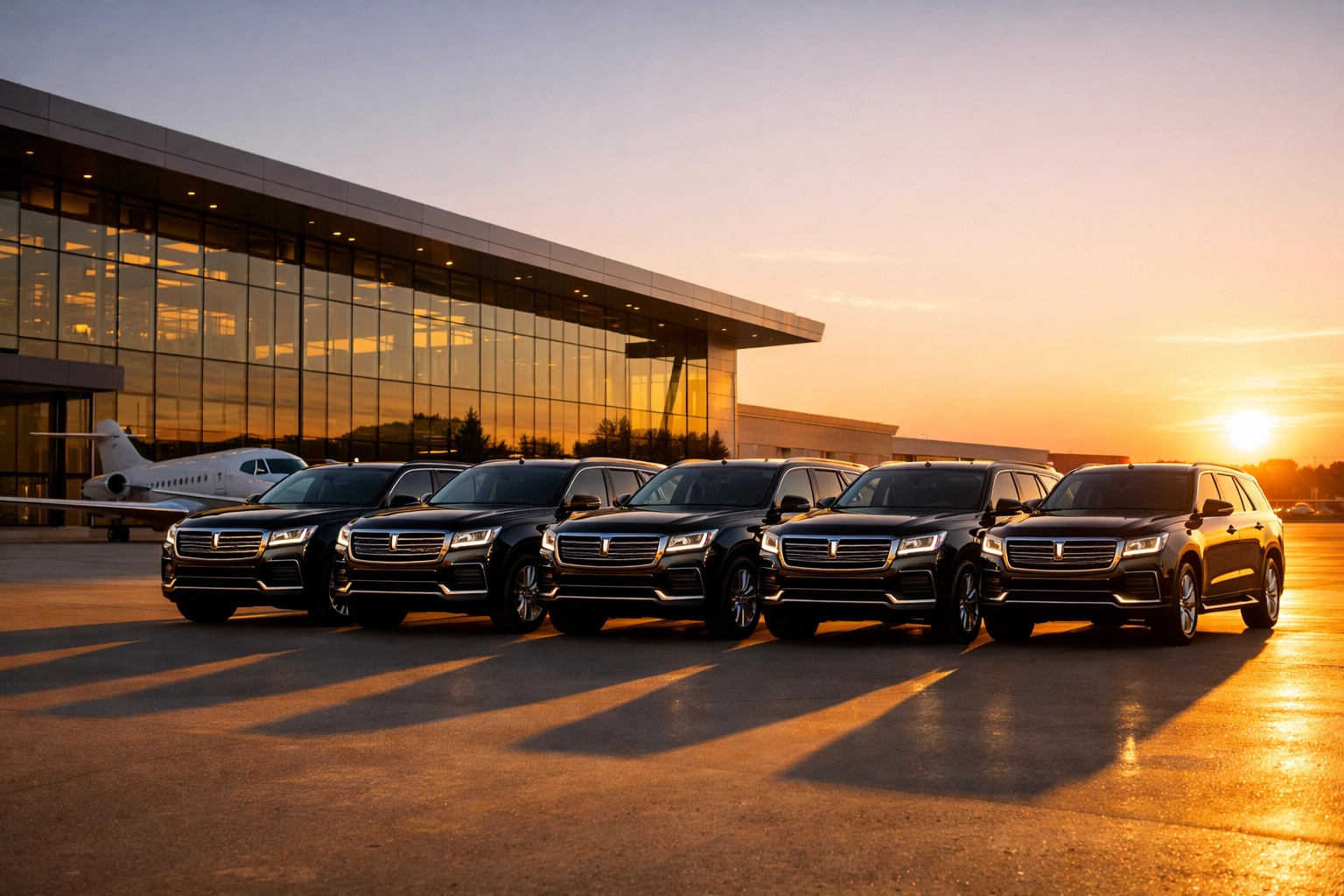 Fleet of black luxury SUVs for corporate transportation at a private terminal for Super Bowl logistics.