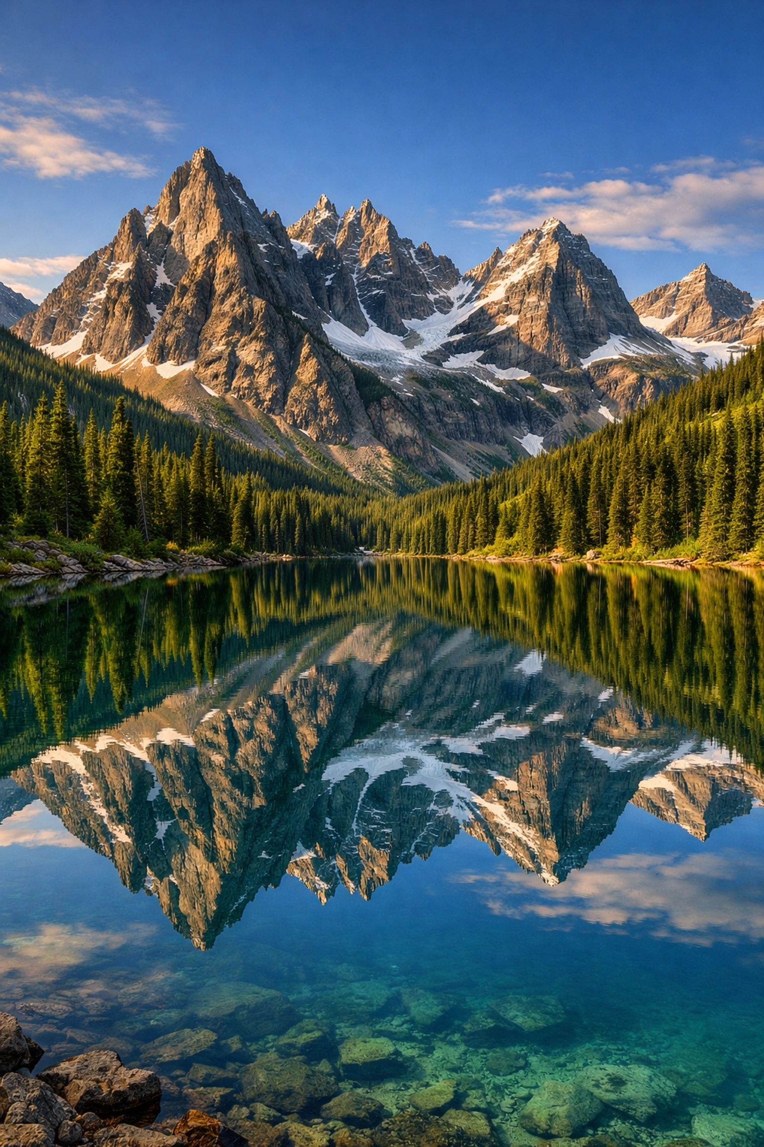 High-detail landscape photo of Glacier National Park mountains reflecting in a still alpine lake.