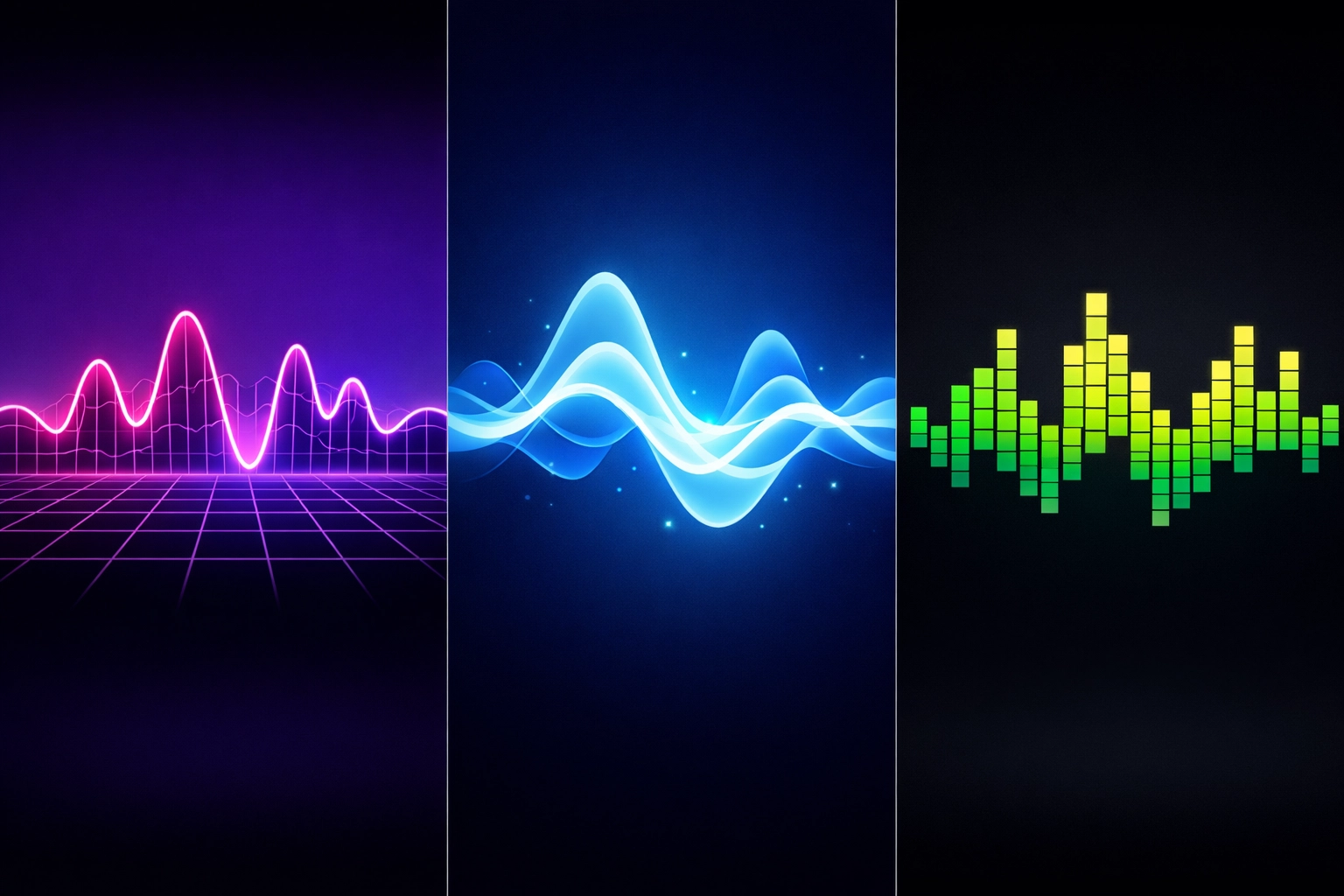 Three worship music styles visualized: synthwave, ambient, and 8-bit sound waves