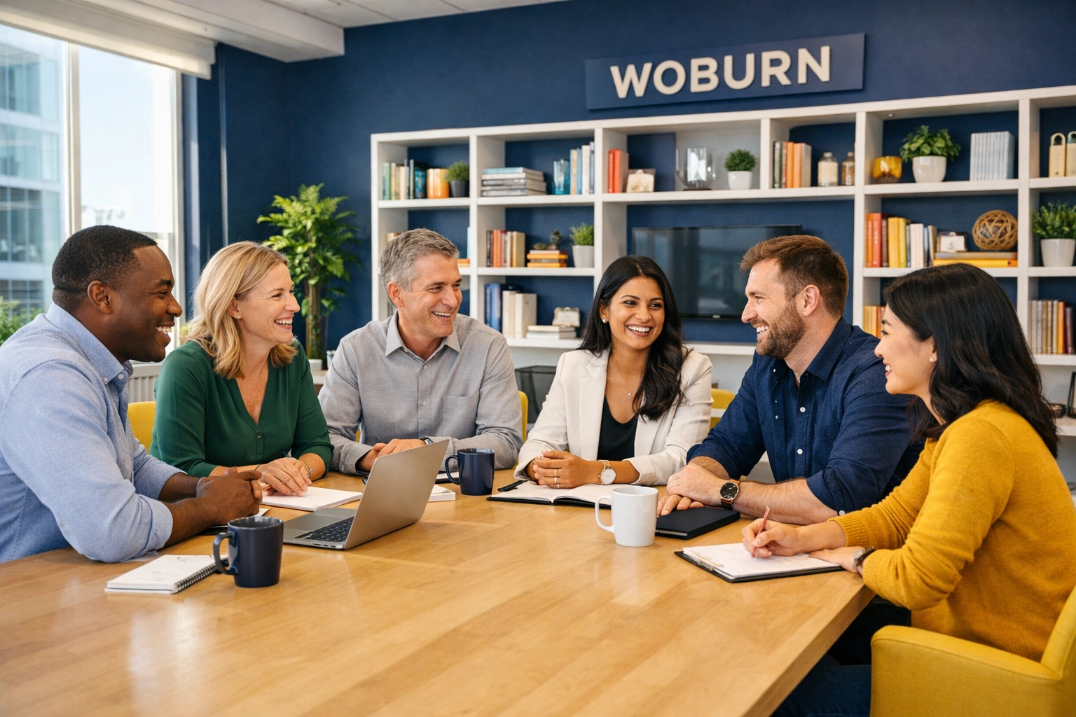 Happy workers in a clean Woburn office showcasing the impact of Professional Office Cleaning in Burlington and Woburn.