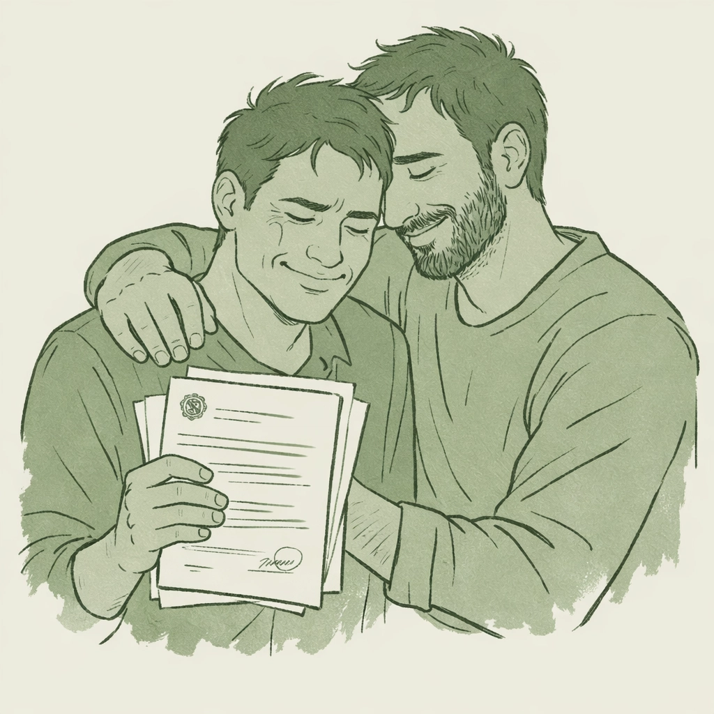 Gay asylum seeker celebrating refugee status with supportive friend in emotional embrace