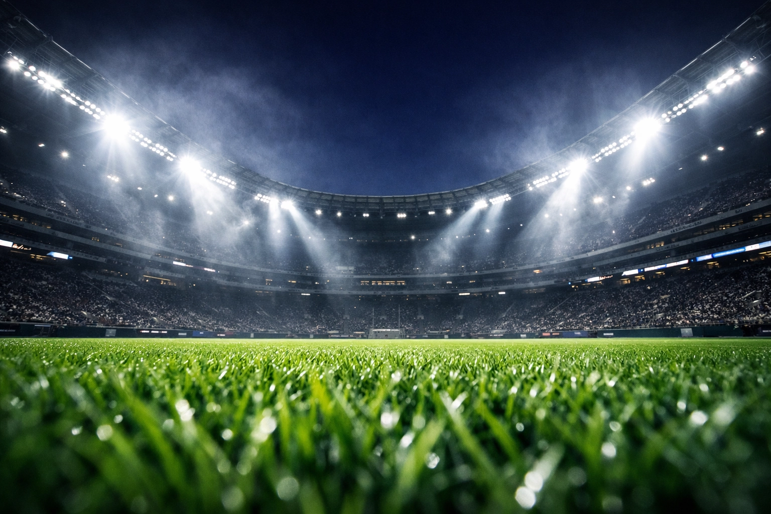 Empty football stadium at night under bright floodlights representing a Super Bowl caliber athlete brand.