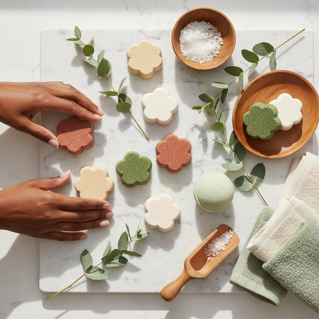 Black woman wrapped in a plush robe post-bath, basking in calm, golden light