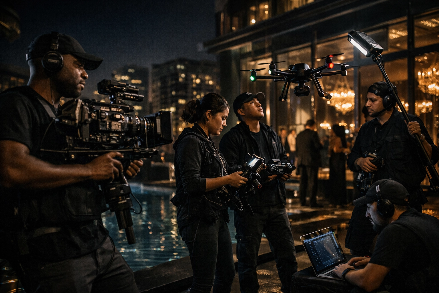 Cinematography crew with professional equipment filming upscale private event
